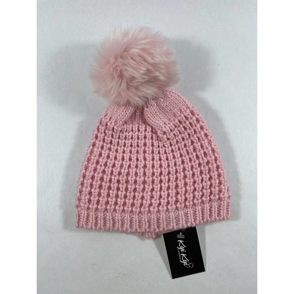 KYI KYI WOMEN’S FAUX FUR POM POM CLASSIC KNIT BEANIE PINK , ONE SIZE . - Picture 7 of 9